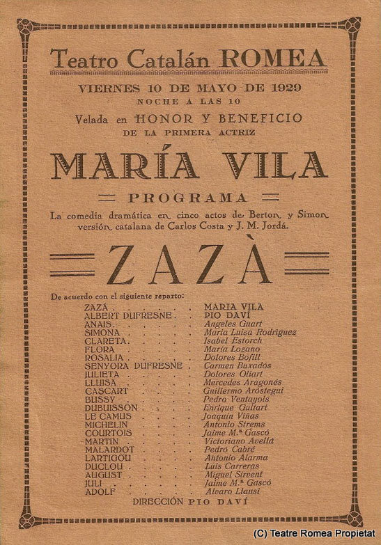 Cartel de la Obra de Teatro Zazá (1929)